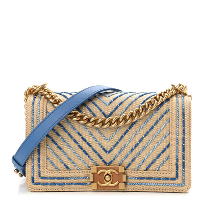 Chanel Cotton Canvas Calfskin Chevron Embroidered Medium Boy Flap Beige Blue 1 of 10
