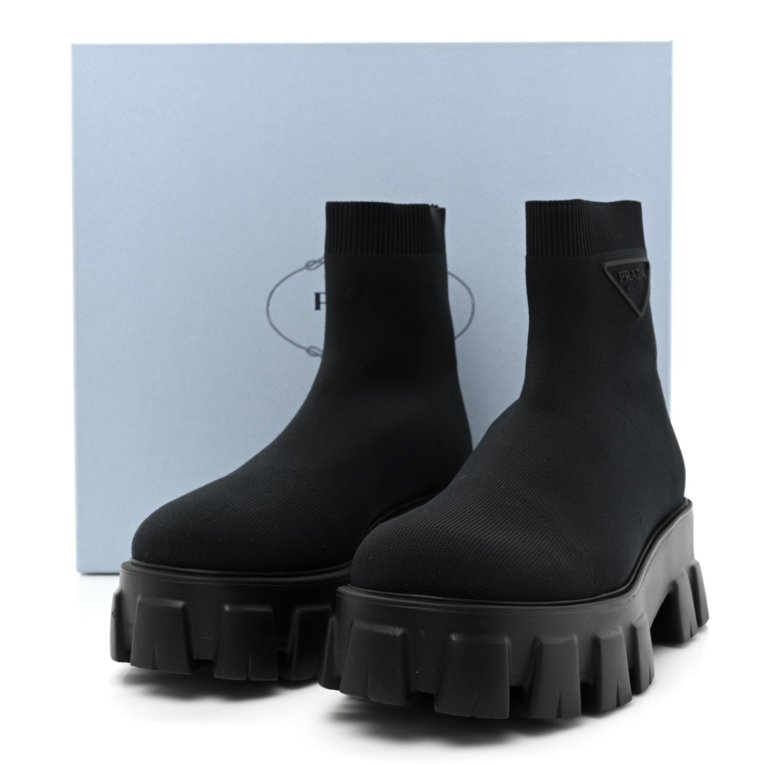 Prada Knit Rubber Triangle Logo Monolith 55mm Ankle Boots 37 Black 10 of 10