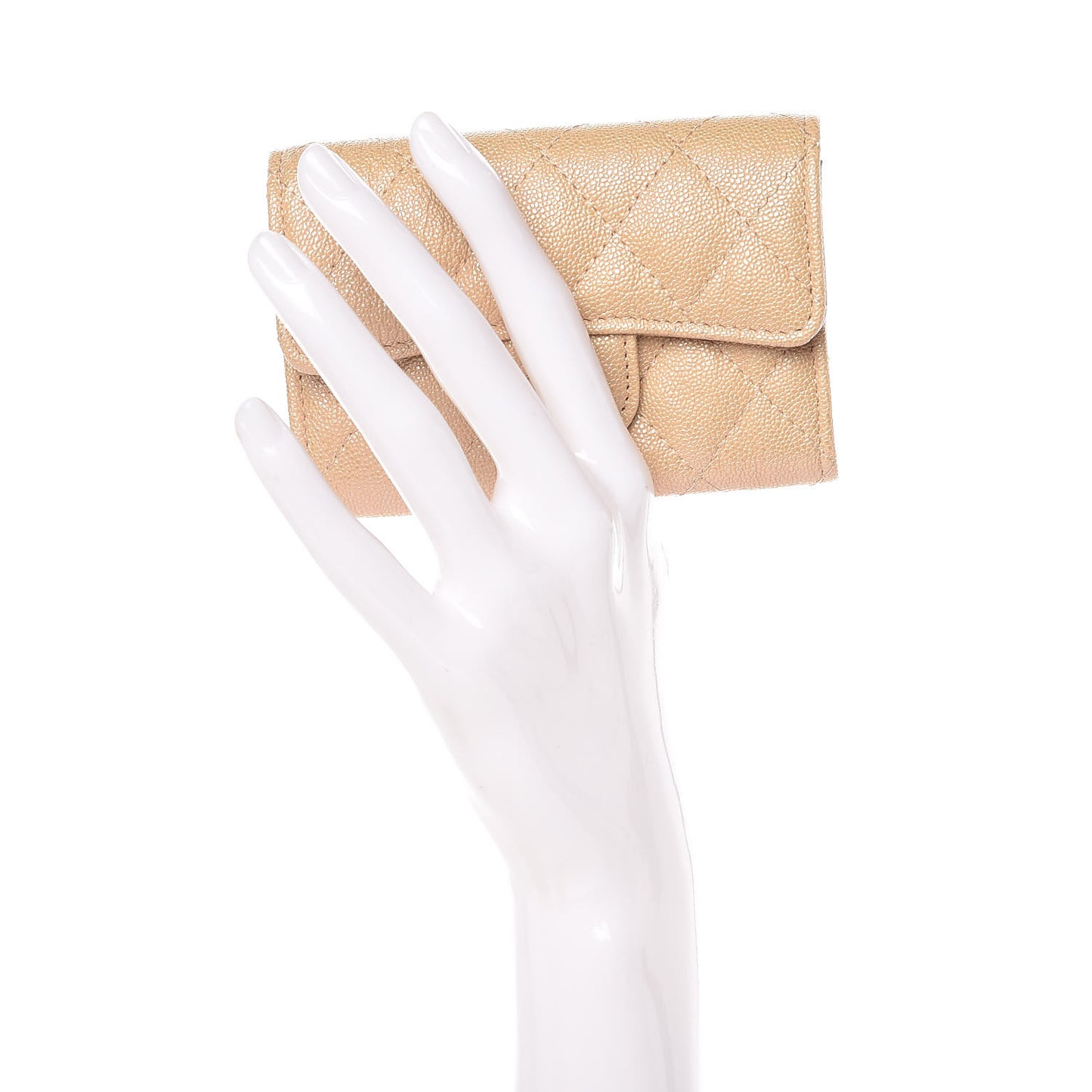 Iridescent Caviar Quilted Flap Card Holder Beige