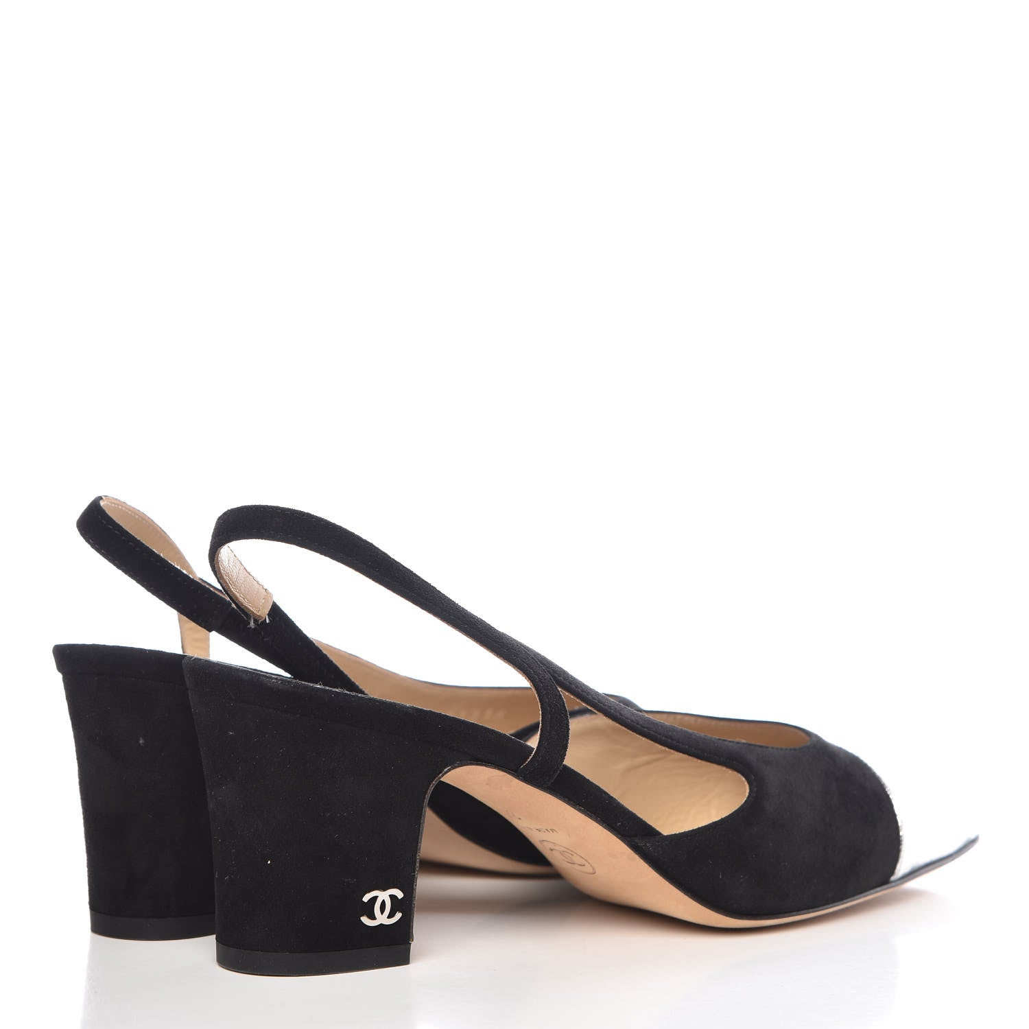 Chanel Kid Suede Metallic Lambskin Cap Toe CC Slingback Pumps 37 Black Silver 4 of 9