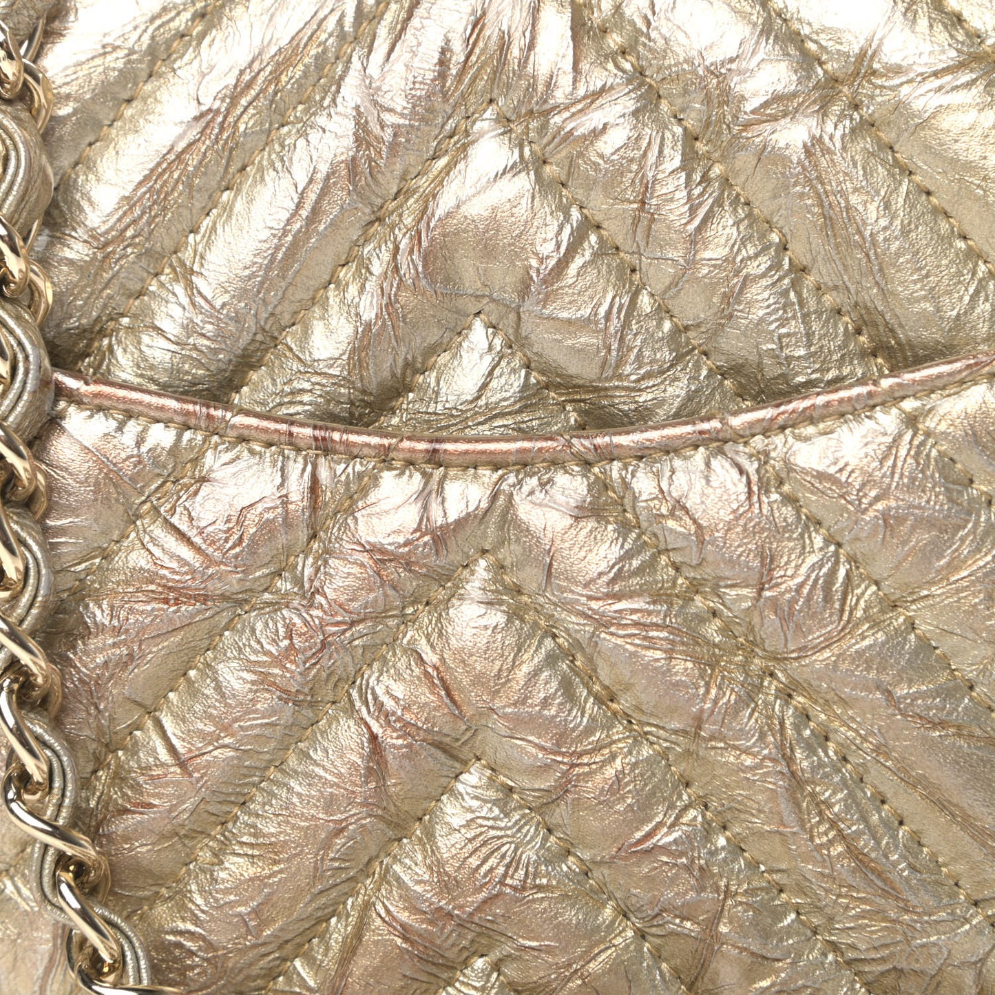 Patent Metallic Crumpled Calfskin Chevron Quilted Mini Square Flap Gold