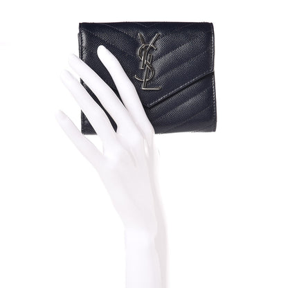 Saint Laurent Grain De Poudre Matelasse Chevron Monogram Compact Tri Fold Wallet Blue Sapphire 2 of 7
