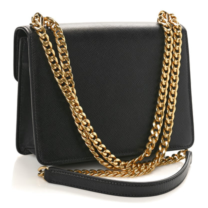 Prada Saffiano Soft Calfskin Metal Triangle Logo Envelope Chain Shoulder Bag Black 2 of 8