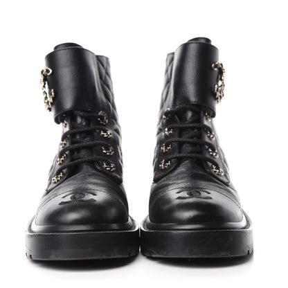 Chanel Shiny Goatskin Calfskin Quilted Lace Up Combat Boots 38 Black 2 of 8