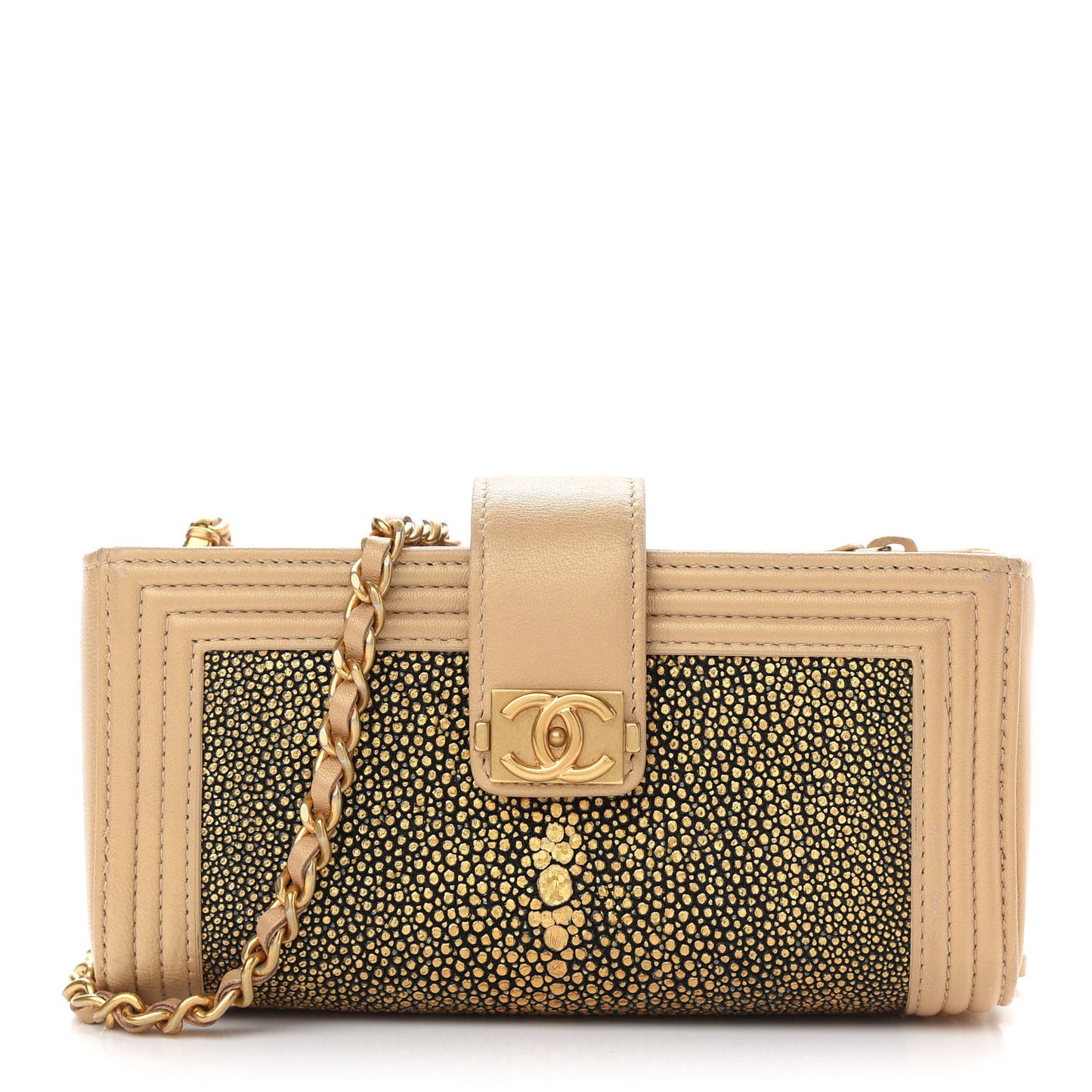 Metallic Galuchat Stingray Lambskin Mini Clutch With Removable Chain Gold