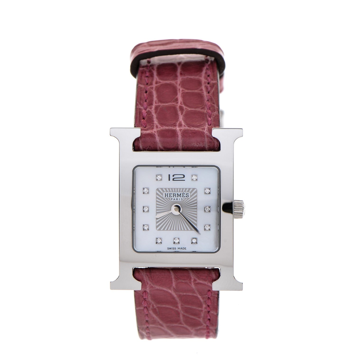 Hermes Stainless Steel Alligator Diamond Mother of Pearl 21mm Heure H Hour Quartz Watch Framboise 1 of 10