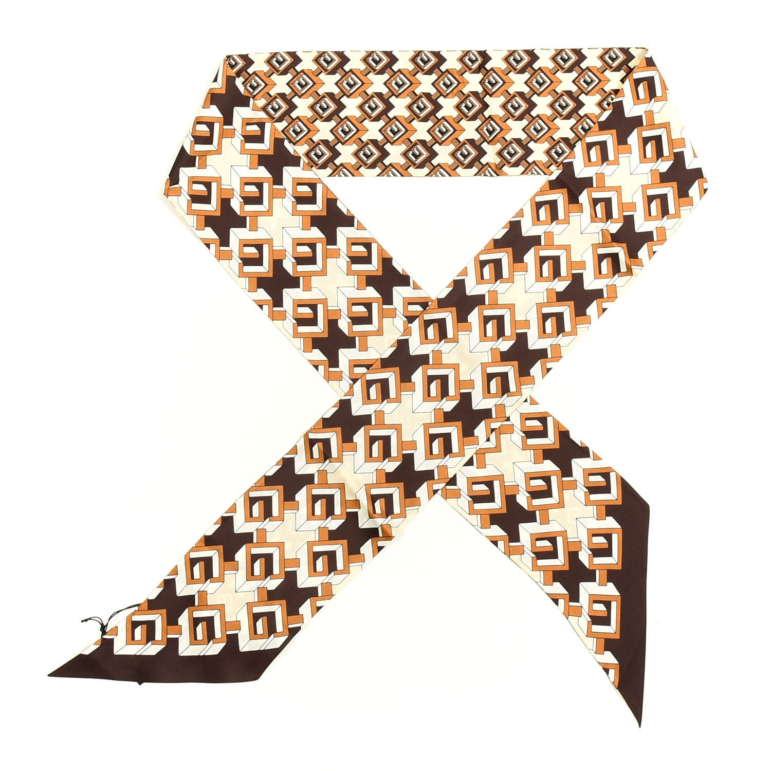 Gucci Silk Twill Isometric G Neck Bow Scarf Brown Ivory 1 of 3