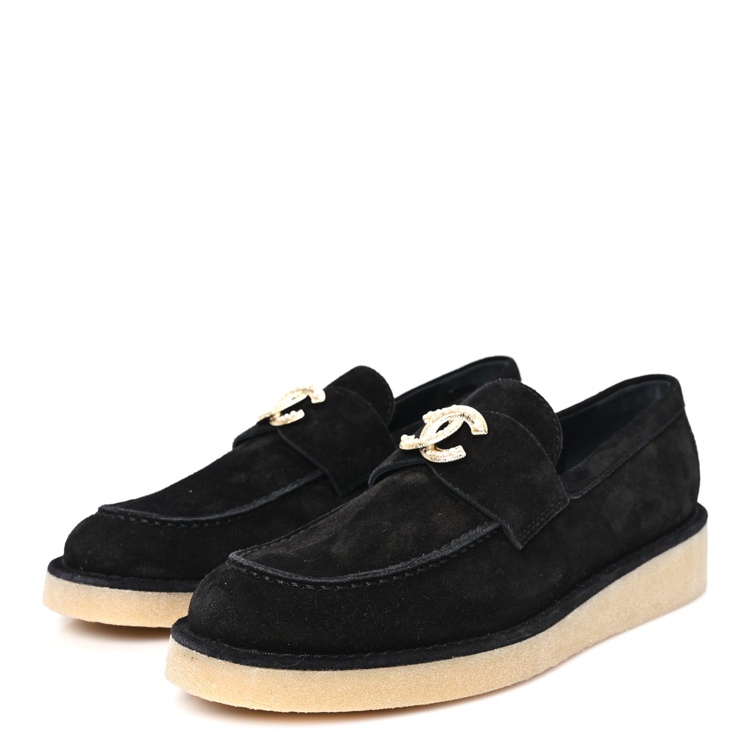 Chanel Suede Calfskin Pearl CC Moccasin Loafers 38.5 Black 4 of 10