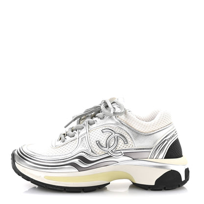 Chanel Fabric Laminated Calfskin Stretch CC Sneakers 35 White Silver 3 of 10