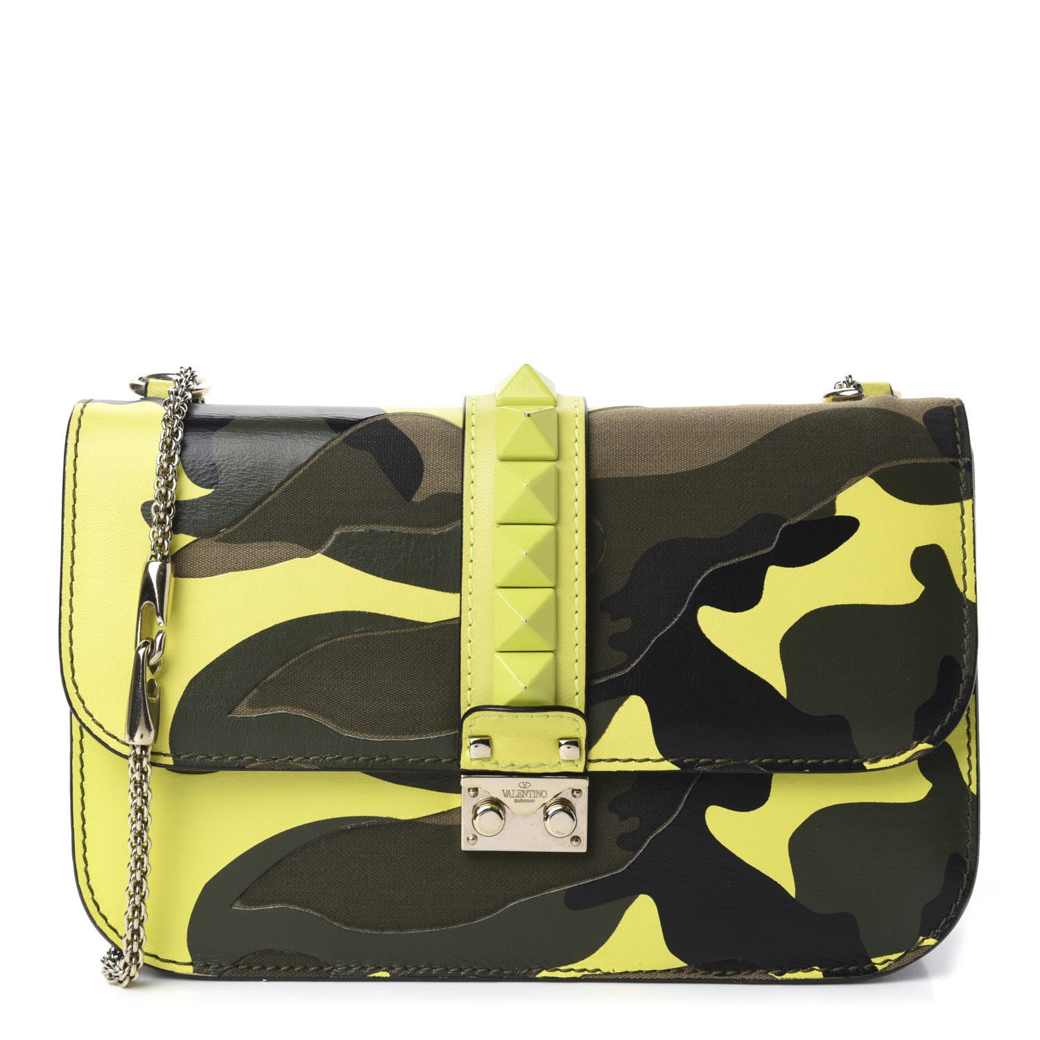 Valentino Garavani Nappa Canvas Camouflage Medium Glam Lock Rockstud Flap Fluo Yellow 1 of 14