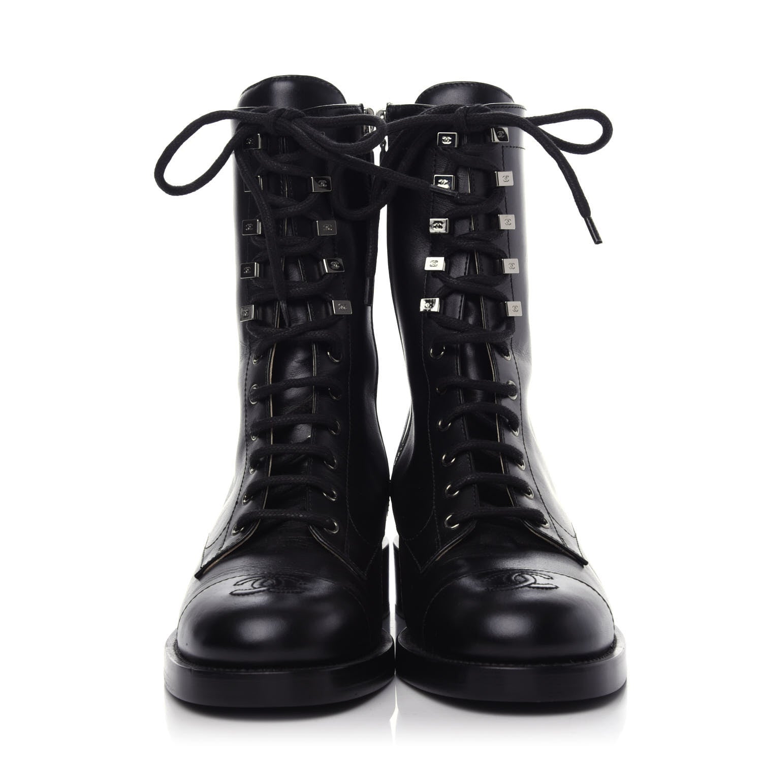 Chanel Calfskin Lace Up Combat Boots 39.5 Black 2 of 7