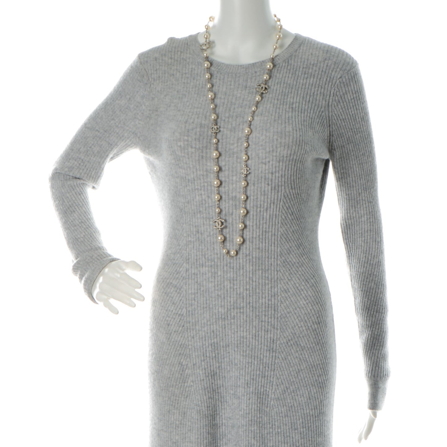 Crystal Pearl CC Long Necklace Silver