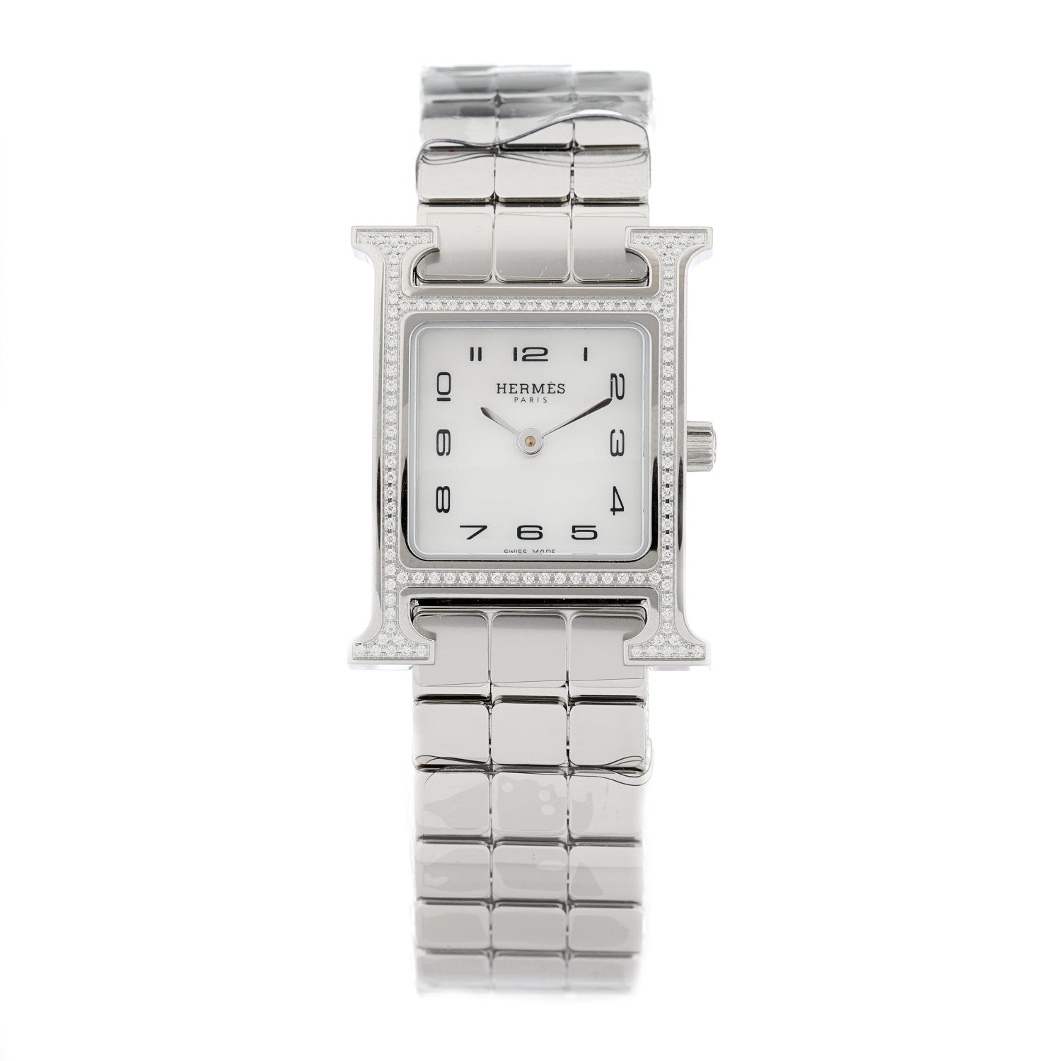 Hermes Stainless Steel Diamond Bezel Mother of Pearl 21mm Heure H Hour Quartz Watch 1 of 5