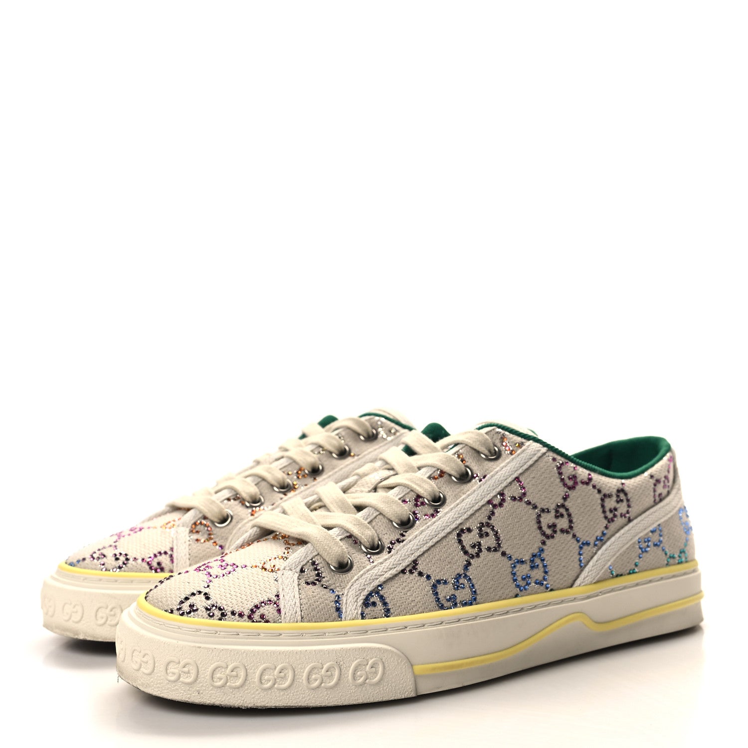 Gucci Canvas Lame Crystal GG Monogram Womens 1977 Tennis Sneakers 39 Gardenia Silver Mystic White 3 of 8