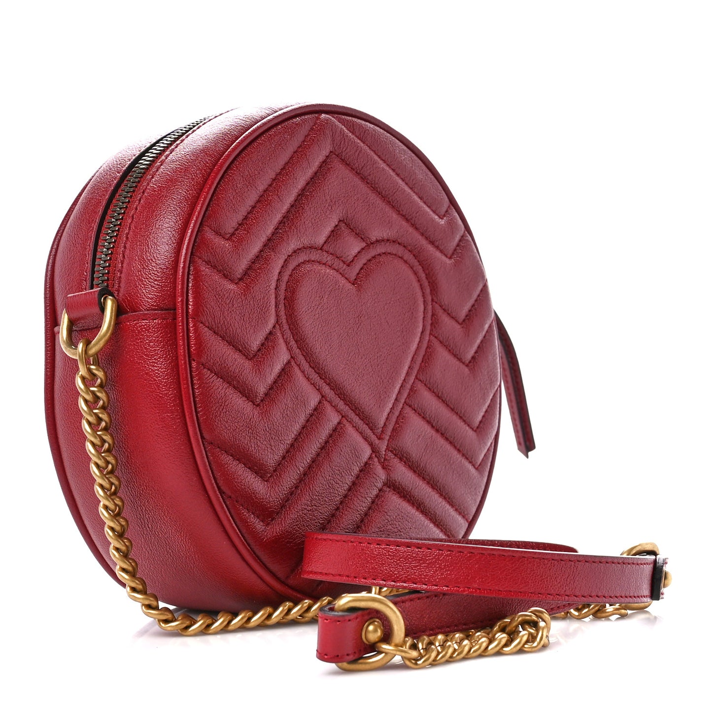 Glazed Calfskin Matelasse Heart Mini GG Marmont Round Shoulder Bag Romantic Cerise