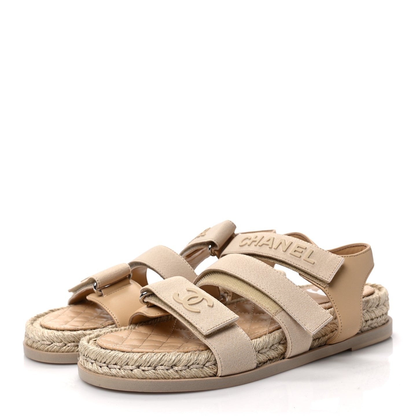 Stretch Fabric Lambskin CC Flat Sandals 37 Beige