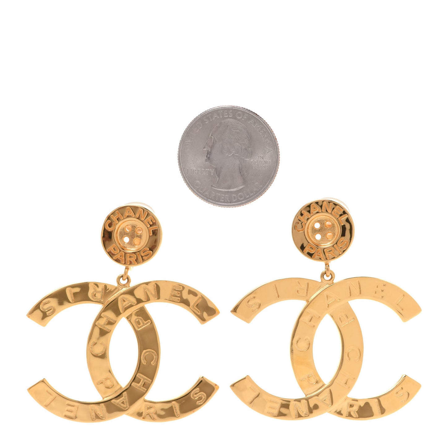 Metal Large Paris Button Clip On Earrings Gold
