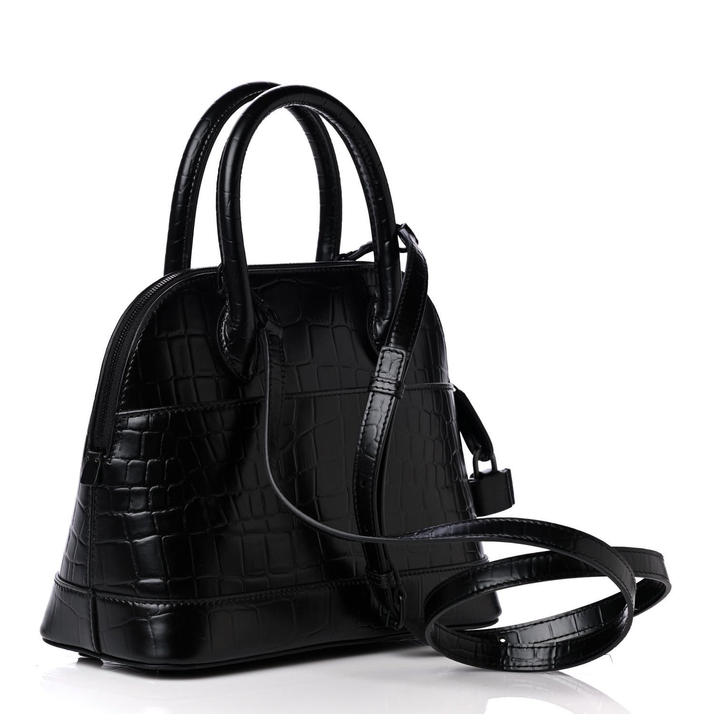 Calfskin Crocodile Embossed S Rivet Ville Top Handle Bag Black