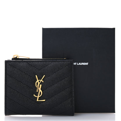 Saint Laurent Grain De Poudre Matelasse Chevron Monogram Zipped Card Case Black 8 of 8