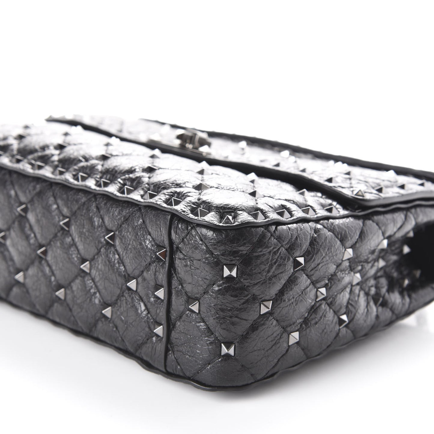 Craquele Nappa Medium Rockstud Spike Shoulder Bag Black