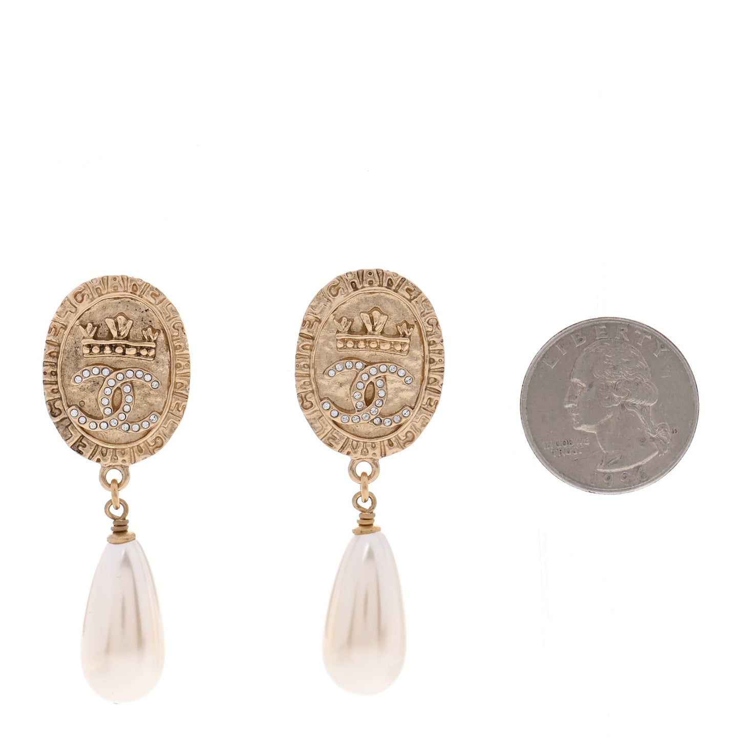Crystal Pearl Crown CC Drop Earrings Gold