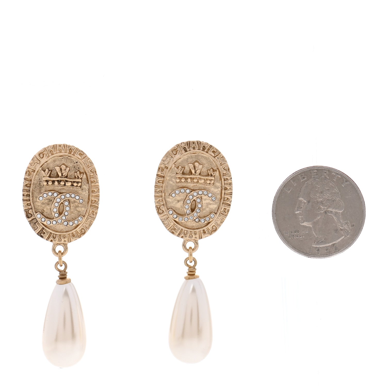 Chanel Crystal Pearl Crown CC Drop Earrings Gold 2 of 5
