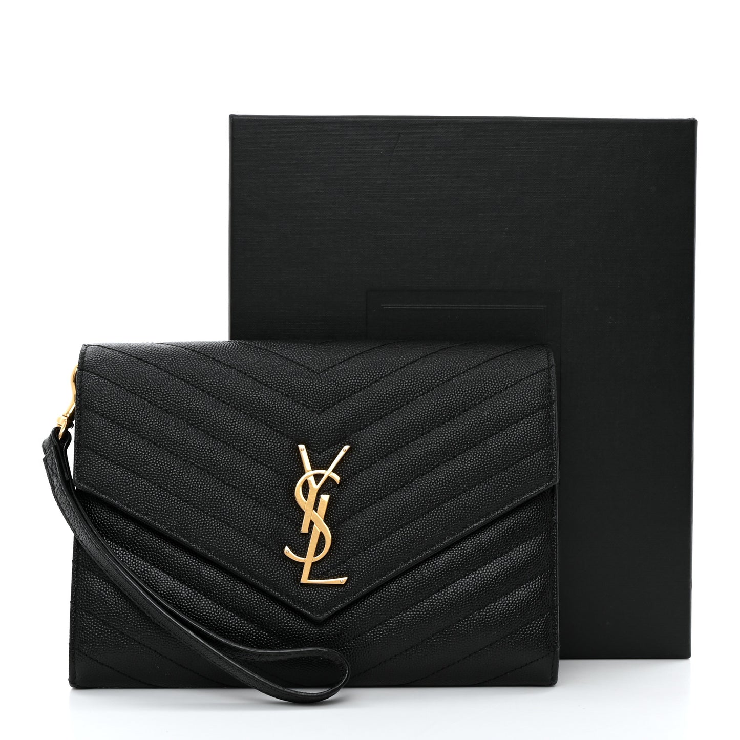 Grain De Poudre Matelasse Chevron Monogram Envelope Clutch Black