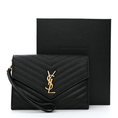 Saint Laurent Grain De Poudre Matelasse Chevron Monogram Envelope Clutch Black 8 of 8
