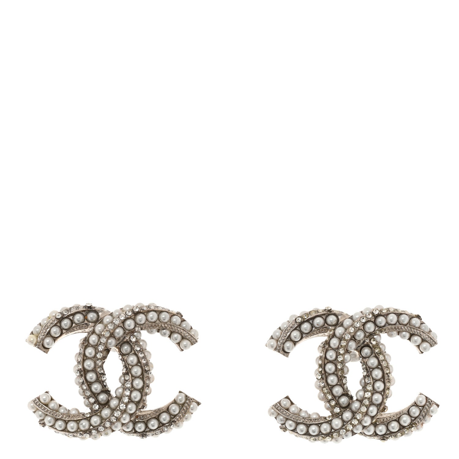 Chanel Crystal Pearl Twisted CC Earrings Silver 1 of 5