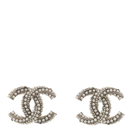 Chanel Crystal Pearl Twisted CC Earrings Silver 1 of 5