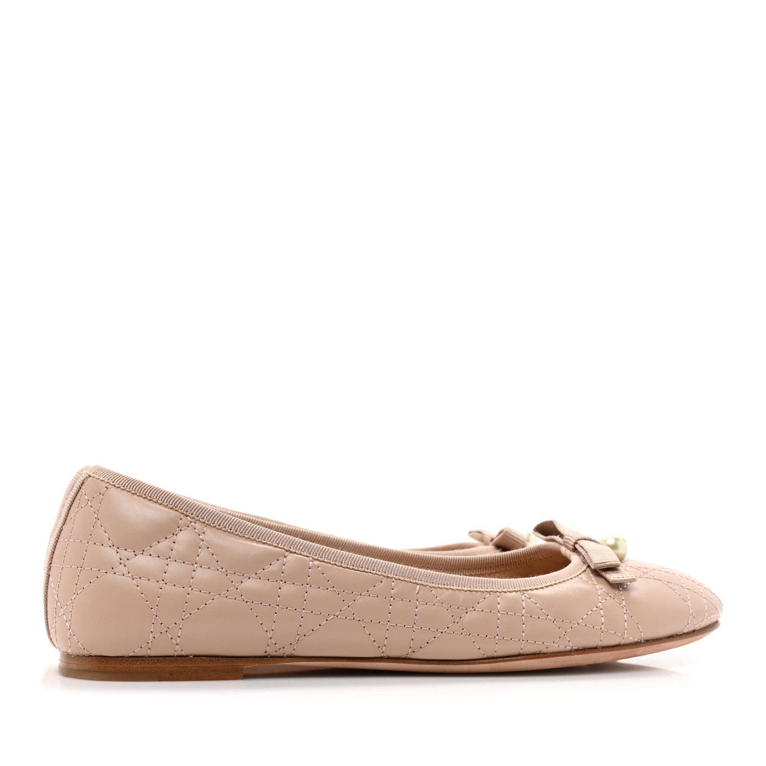 Christian Dior Calfskin Cannage Pearl Bow Ballet Flats 37.5 Nude 4 of 8
