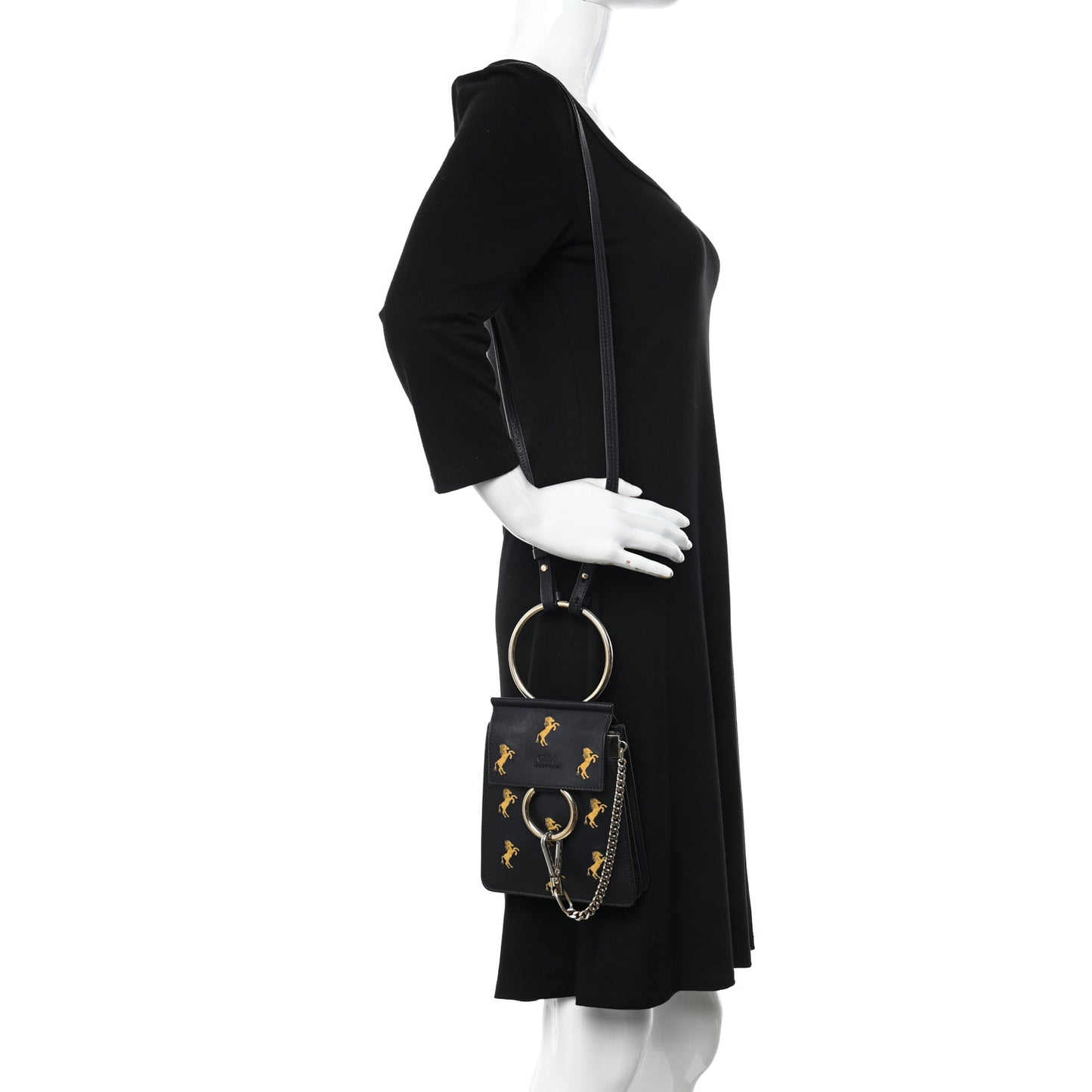 Smooth Calfskin Little Horses Embroidered Mini Faye Bracelet Bag Black