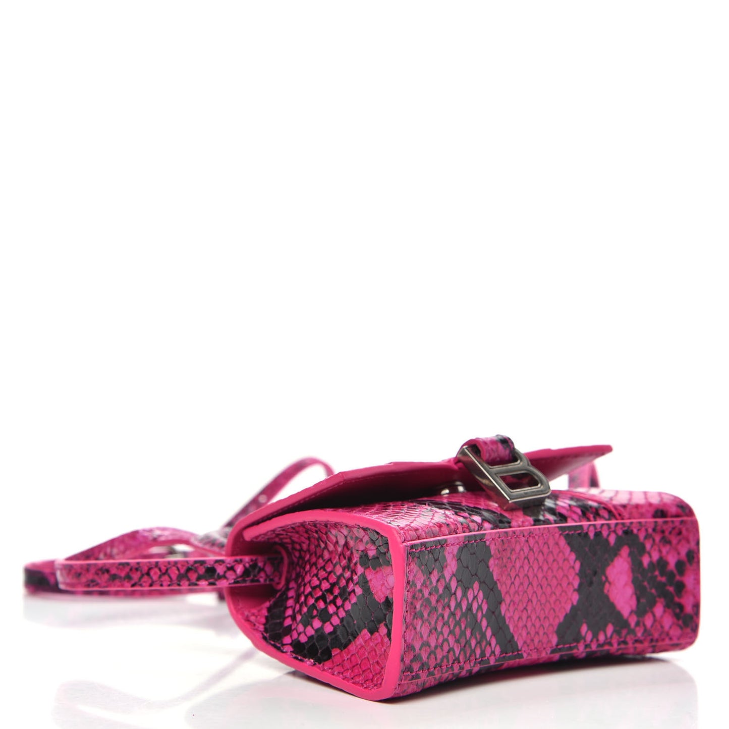 Shiny Calfskin Python Effect Hourglass Top Handle Bag Mini Fuchsia Black