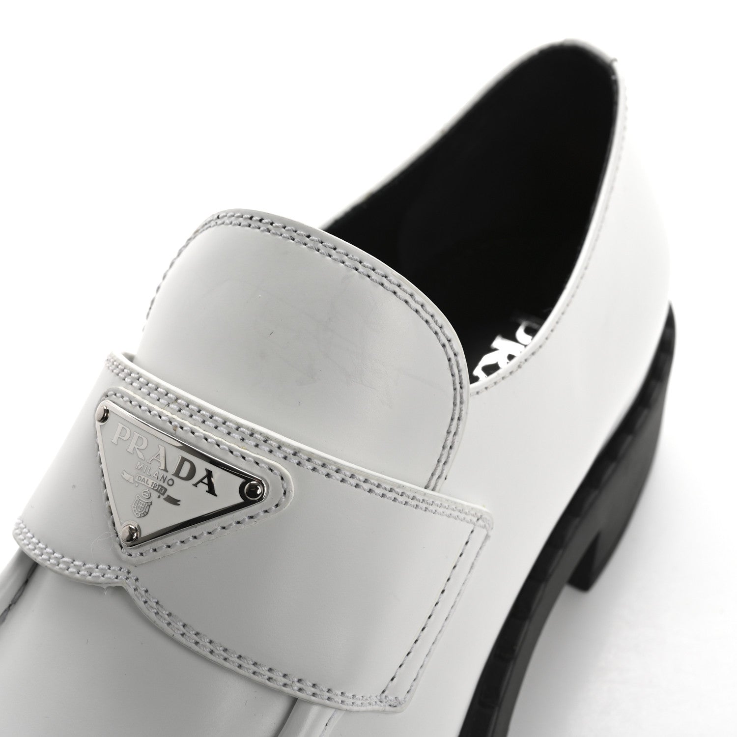 Prada Spazzolato Metal Triangle Logo 50mm Loafers 40.5 White Black 11 of 13