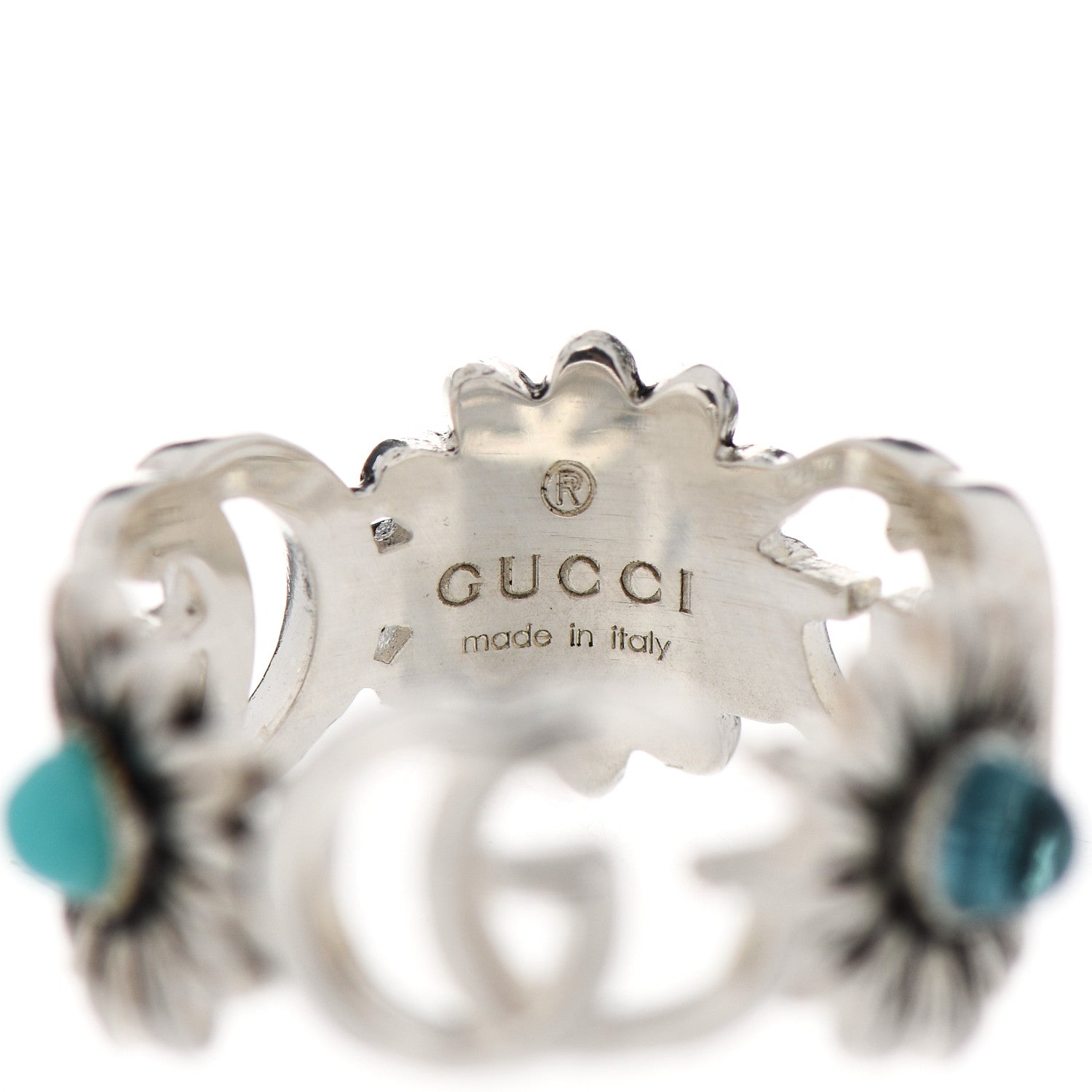 Gucci Sterling Silver Mother of Pearl Blue Topaz Flower Marmont Double G Ring 51 5.75 4 of 6