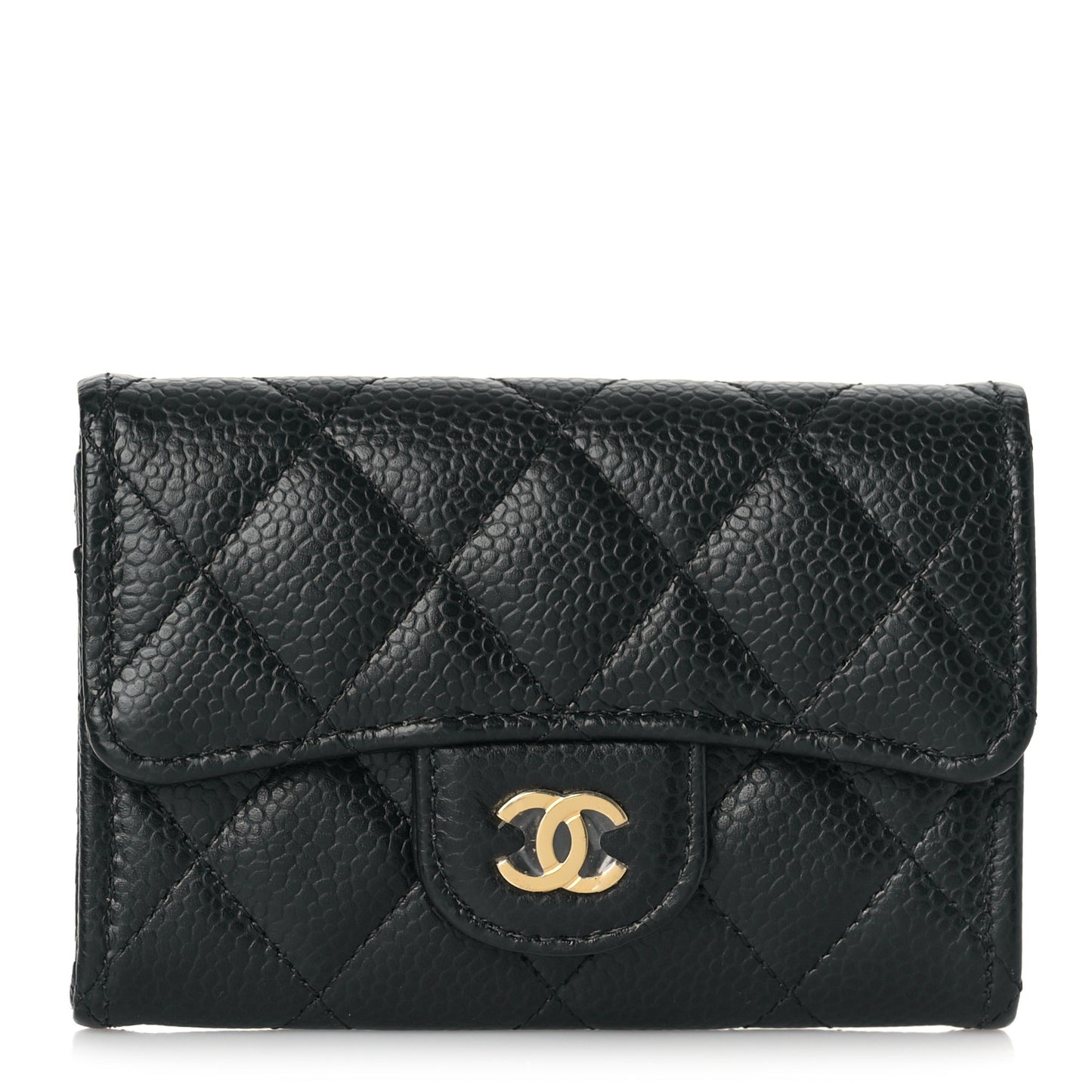 Caviar Quilted Flap Card Holder Wallet Black