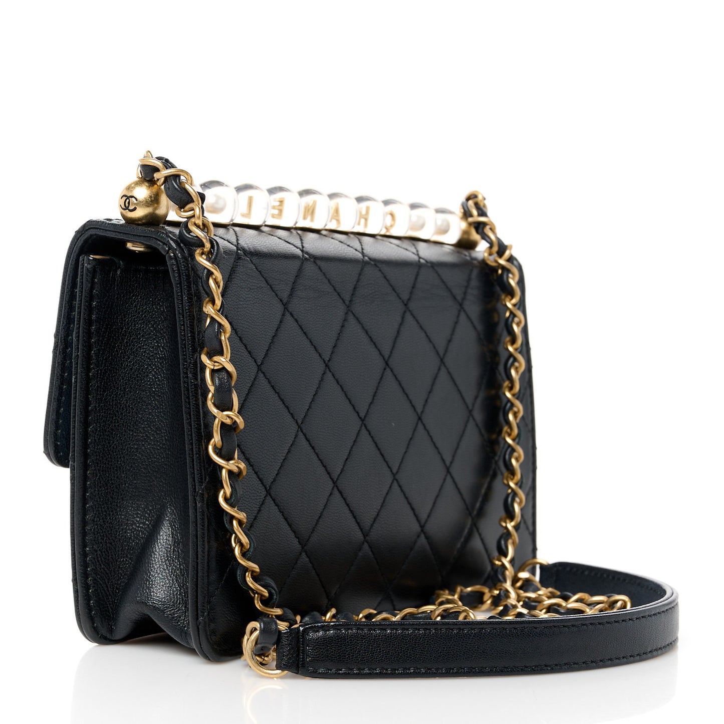 Lambskin Quilted Small Chic Pearls Flap Black