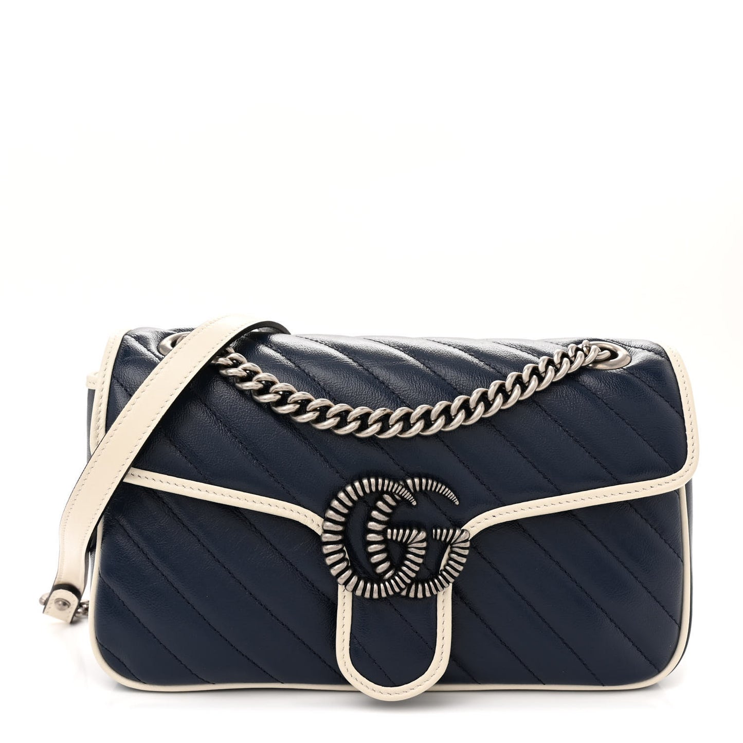 Vintage Effect Calfskin Matelasse Diagonal Small Torchon GG Marmont Shoulder Bag Blue Agata Mystic White