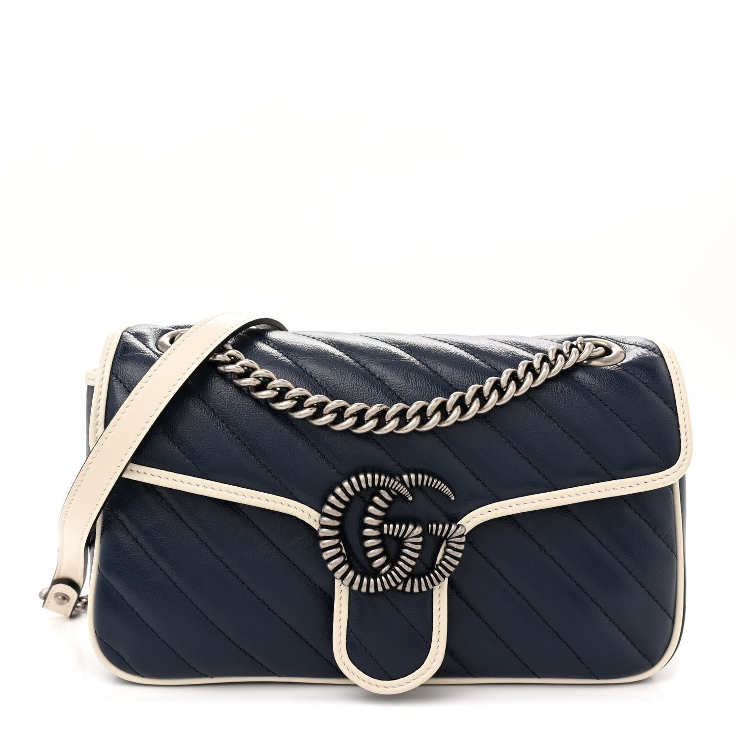 Gucci Vintage Effect Calfskin Matelasse Diagonal Small Torchon GG Marmont Shoulder Bag Blue Agata Mystic White 1 of 11