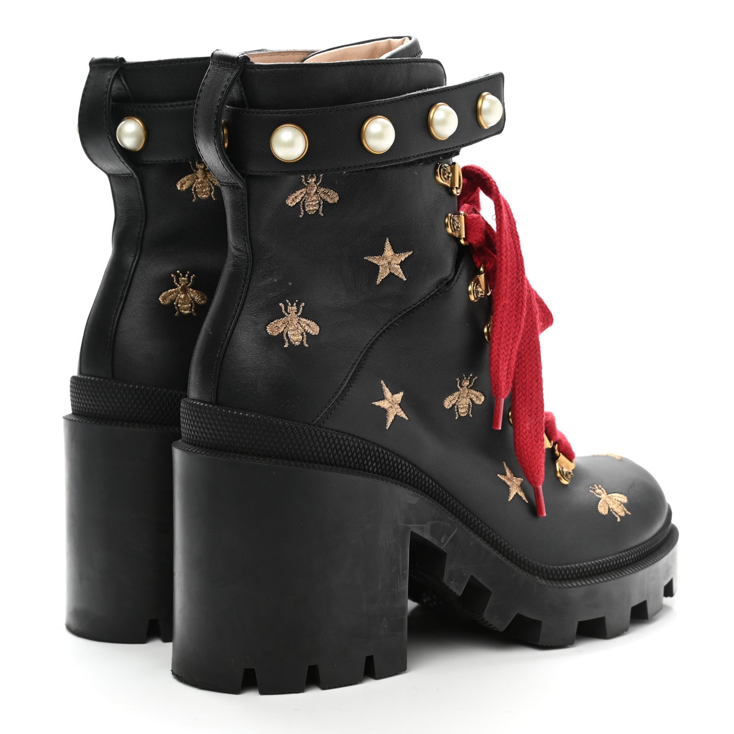 Calfskin Pearl Lace Up Combat Ankle Boots 40 Black