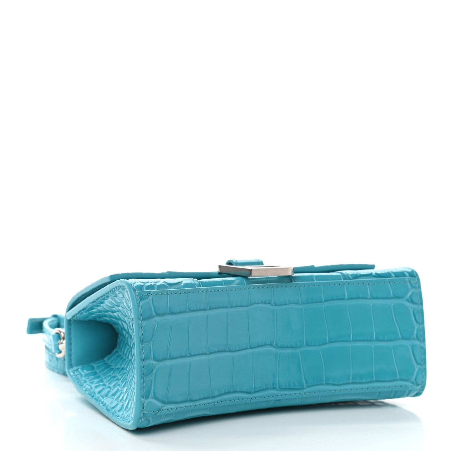 Shiny Calfskin Crocodile Embossed Hourglass Top Handle Bag XS Turquoise