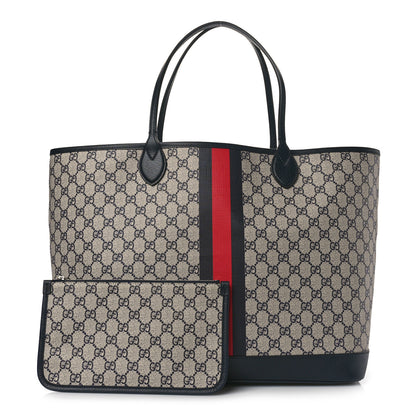 Gucci GG Supreme Monogram Textured Dollar Calfskin Web Large Ophidia Tote Beige Blue 1 of 10