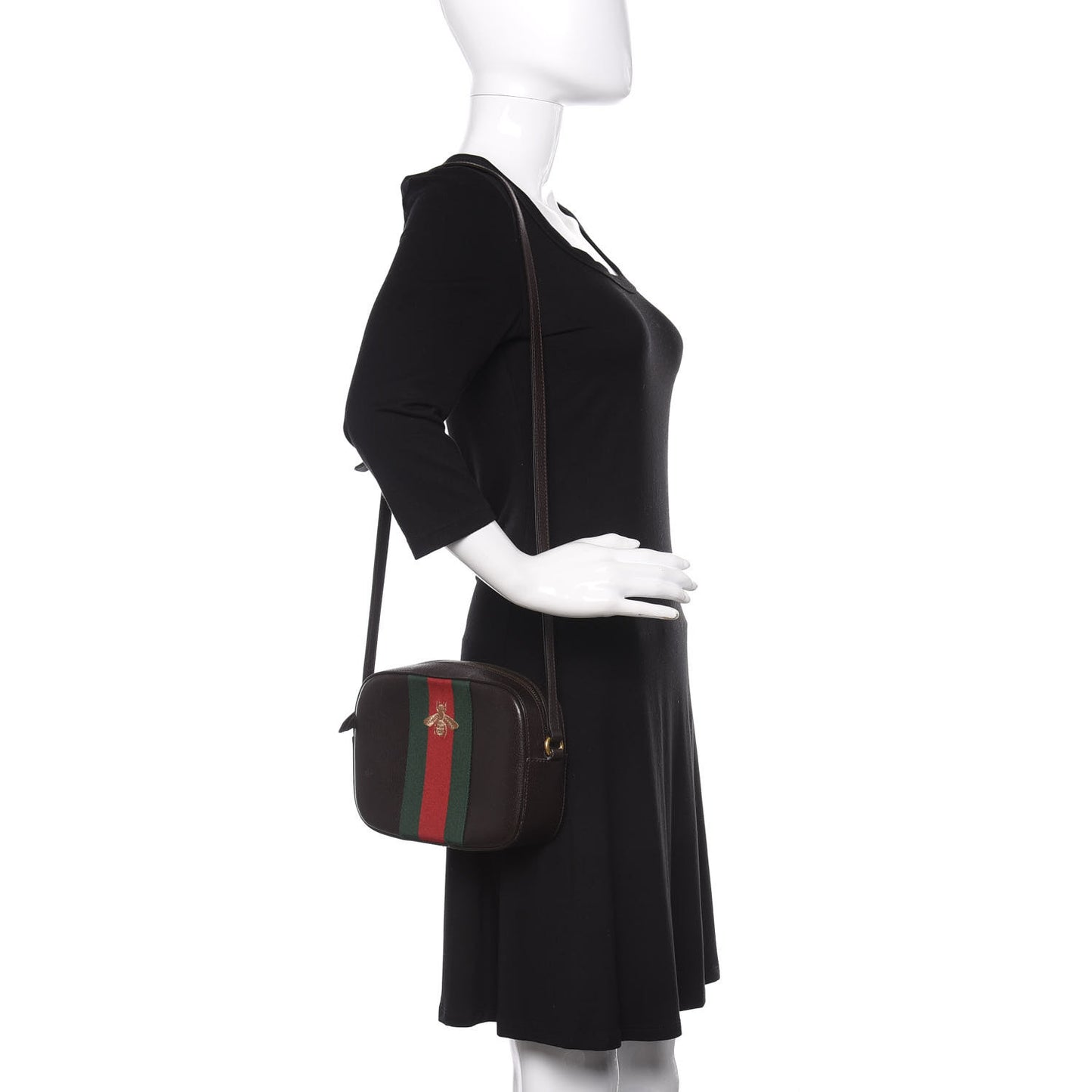 Textured Calfskin Web Small Webby Bee Shoulder Bag Brown Coffee