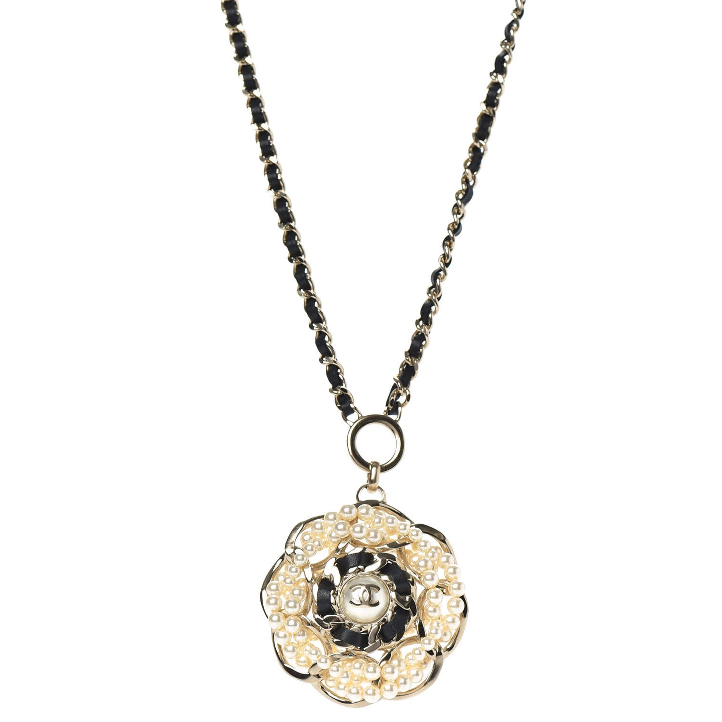 Lambskin Pearl CC Camellia Chain Necklace Gold