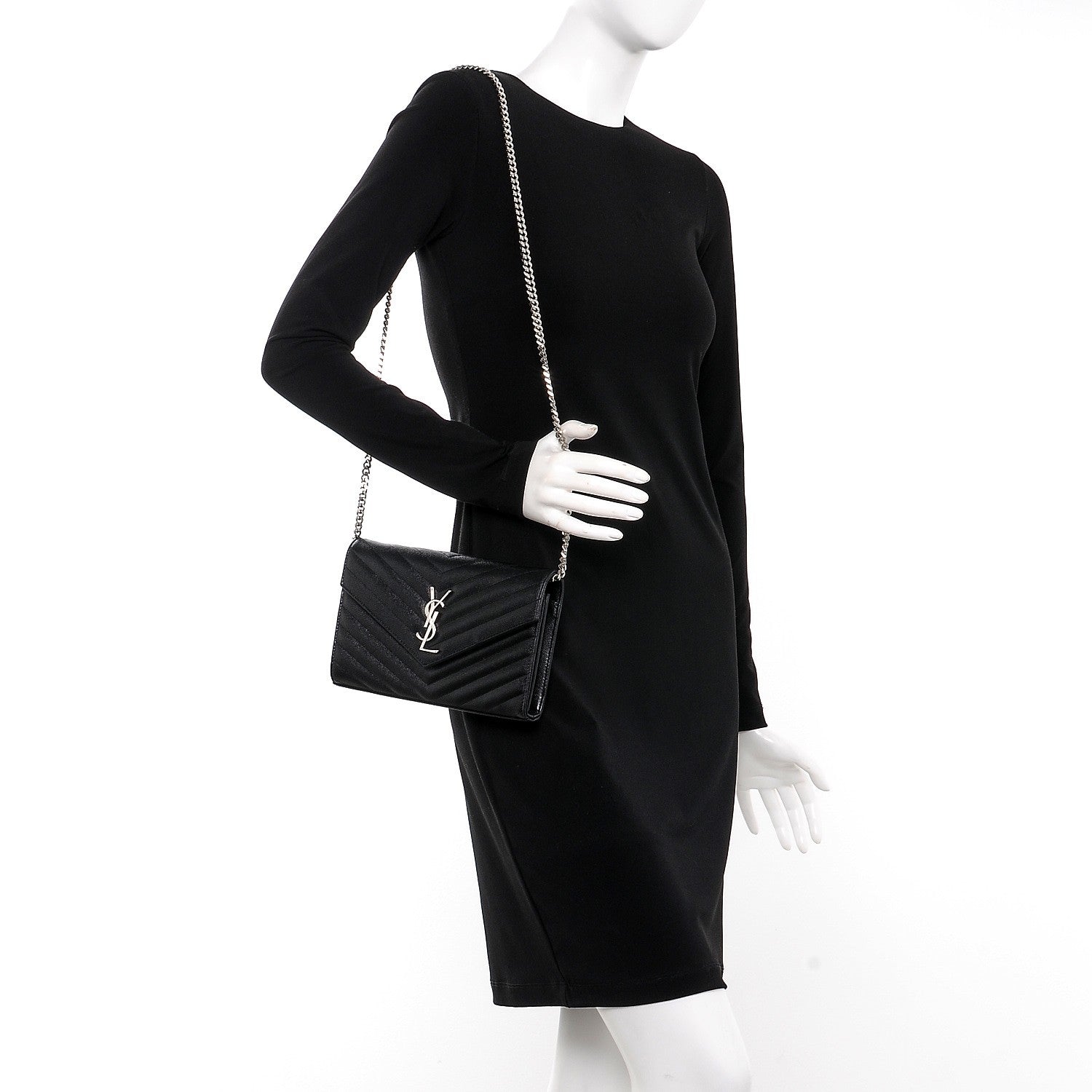 Saint Laurent Grain De Poudre Matelasse Chevron Monogram Chain Wallet Black 2 of 8