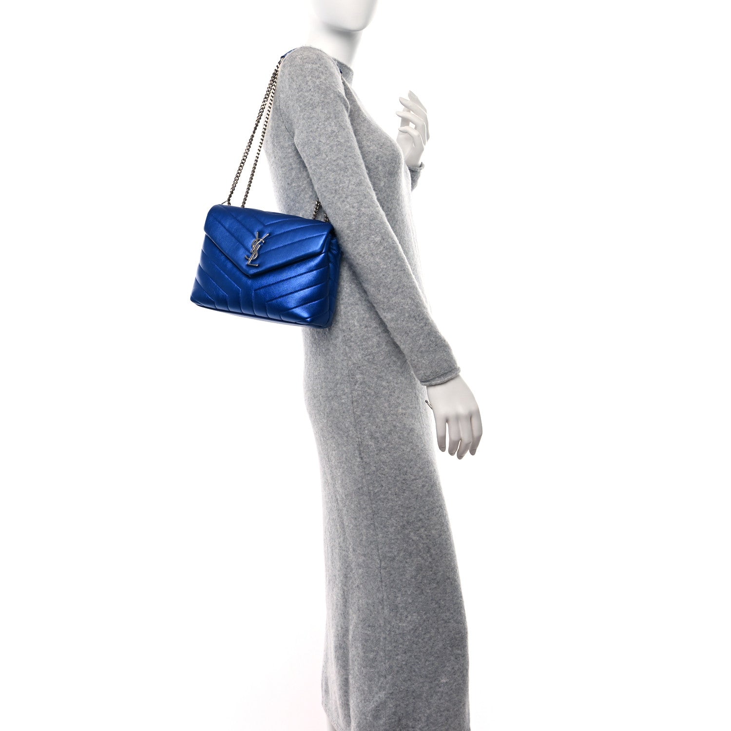 Saint Laurent Metallic Calfskin Y Quilted Monogram Small Loulou Chain Satchel Blue Royal 2 of 11