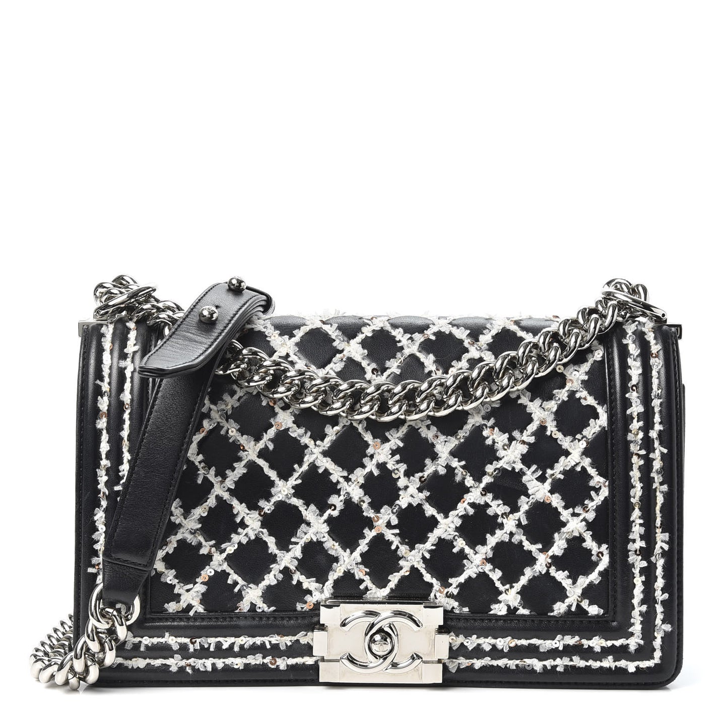 Calfskin Tweed Sequin Stitched Medium Boy Flap Black White