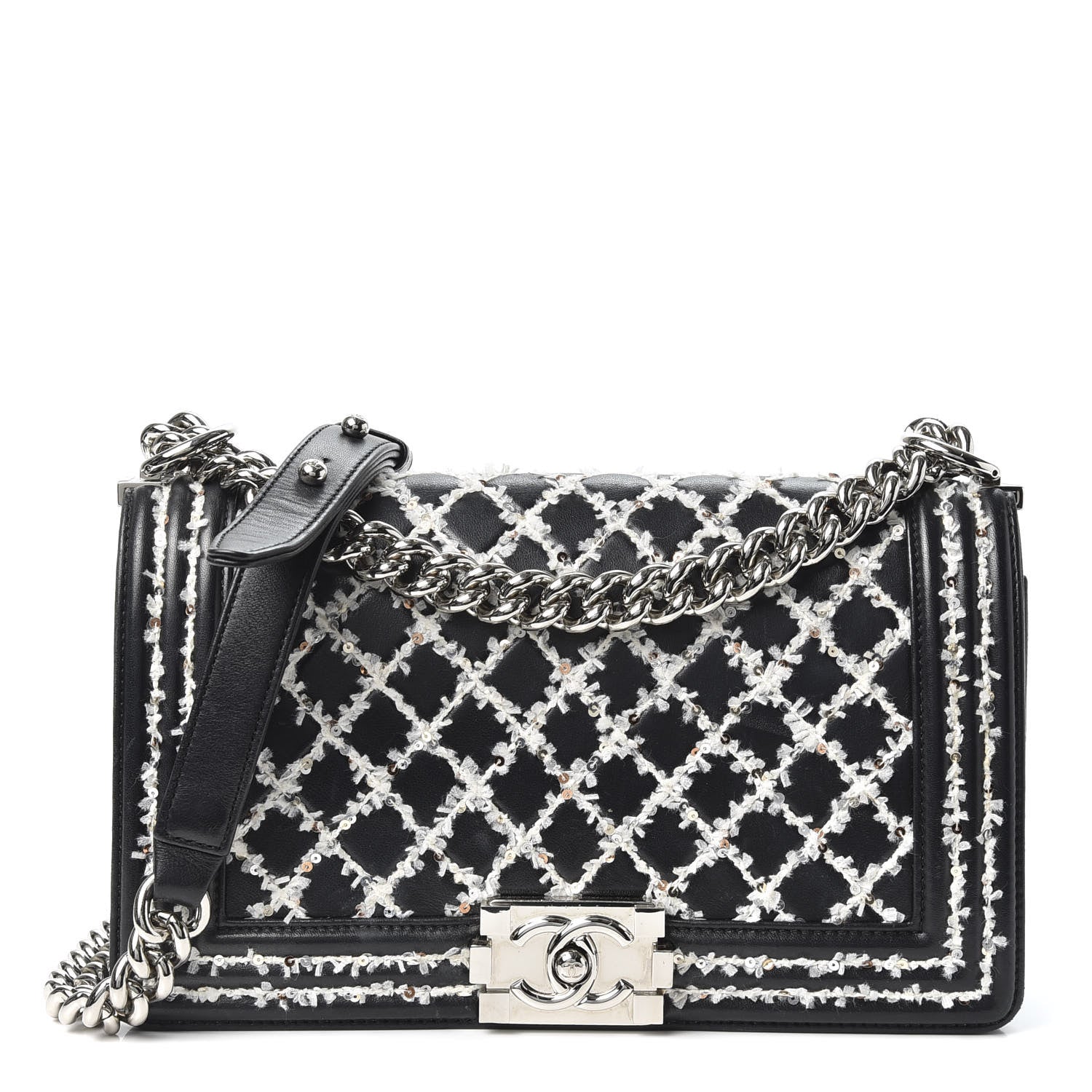 Chanel Calfskin Tweed Sequin Stitched Medium Boy Flap Black White 1 of 10