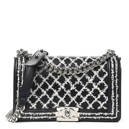 Chanel Calfskin Tweed Sequin Stitched Medium Boy Flap Black White 1 of 10