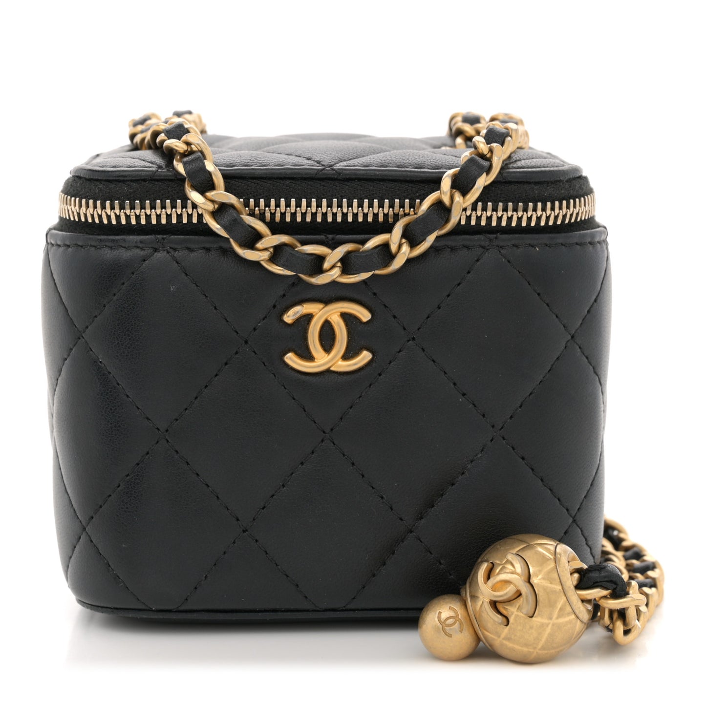 Lambskin Quilted Mini Pearl Crush Vanity Case With Chain Black